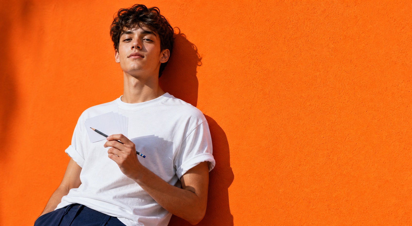 Student sitting against a saturated orange wall with notes