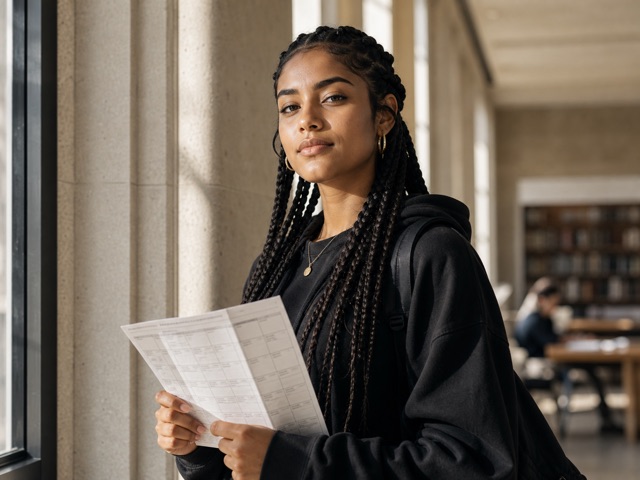 Student checking an exam schedule in a quiet campus corridor