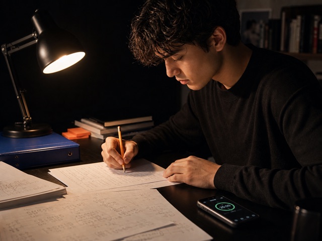 Student working through practice questions under a desk lamp