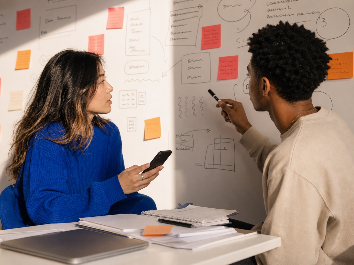Tutor and student mapping the next study move at a whiteboard