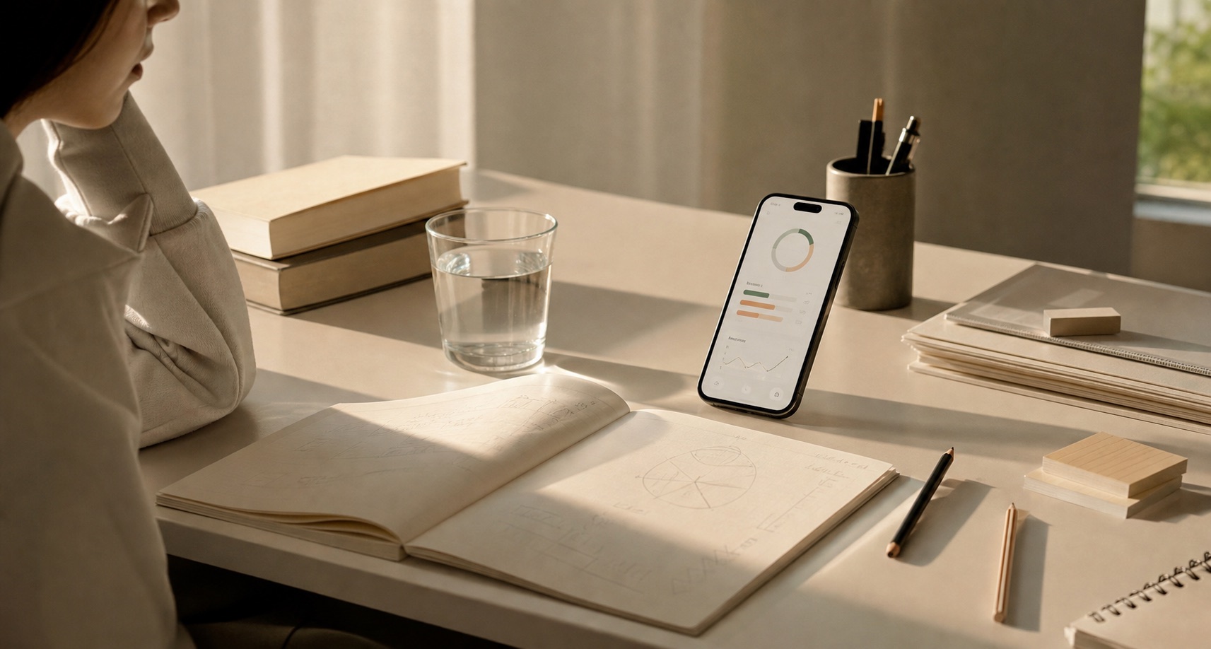 Student reviewing a study plan beside notes and a phone
